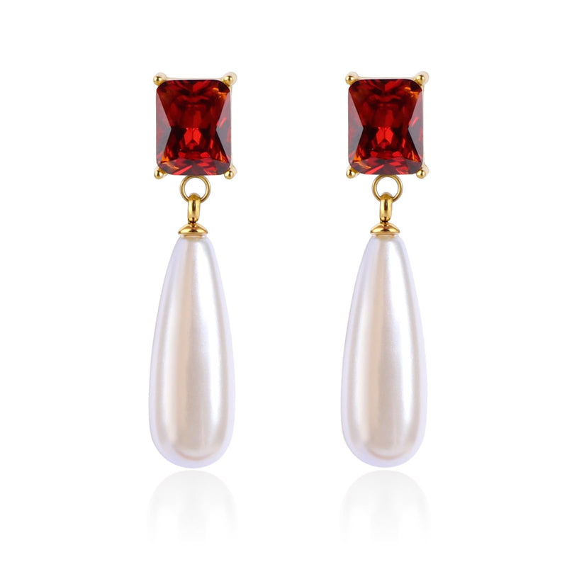 TaYolnFaSo Pearl Emerald-cut Garnet Earring for Women Natural Shell Pearl Dangle Drop Earring January Birthstone Red Emerald Cut Jewelry Gift for Wife Mother Girlfriend