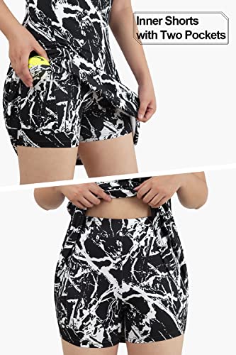 FREEYE Golf Dress with Shorts Underneath, Tennis Dresses with Pocktets Exercise Athletic Sport Tank Dress Top Running Hiking Summer Casual Tank T-Shirts Dresses Black and White Tie-Dye M