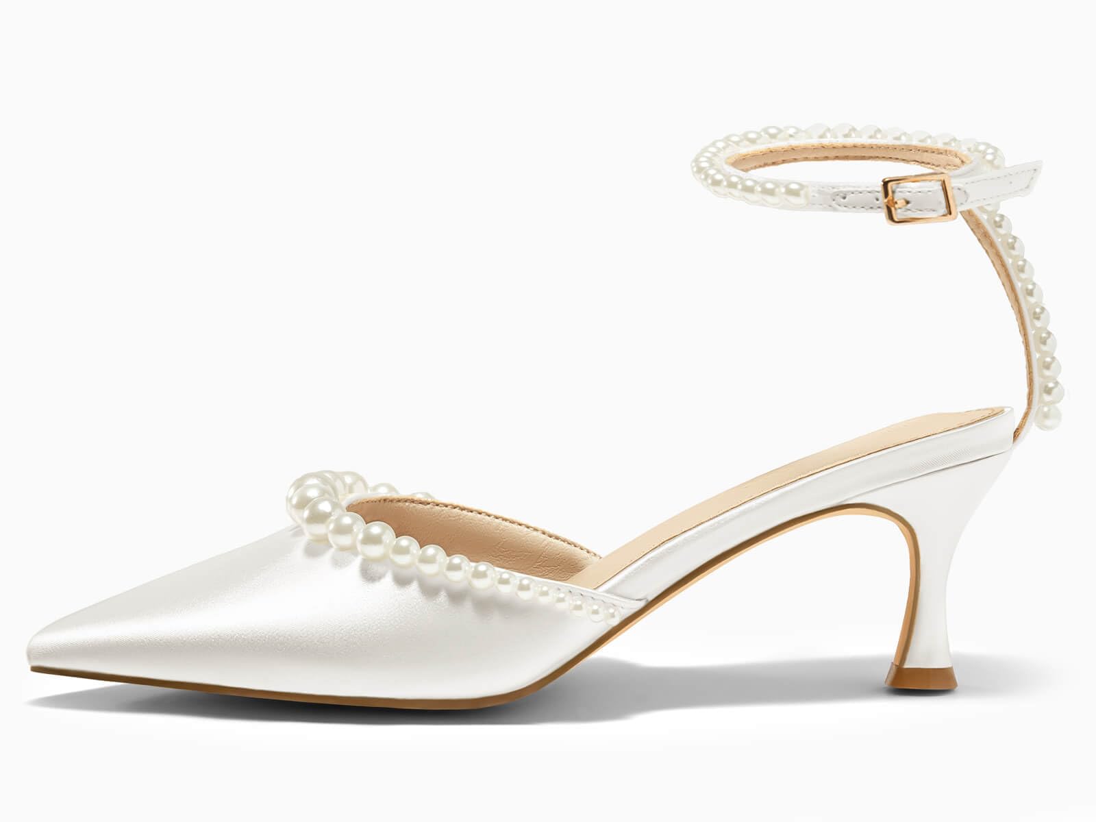 Coutgo Womens Pearl Kitten Heels Closed Pointed Toe Wedding Bride Dress Shoes Ankle Strap Satin Pumps, White, Size 10