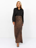 Load image into Gallery viewer, Islis Women&#39;s Slik Satin Leopard High Waist Wrap Elastic Waisted Maxi Long Skirt (US, Alpha, Large, Regular, Regular, Brown)
