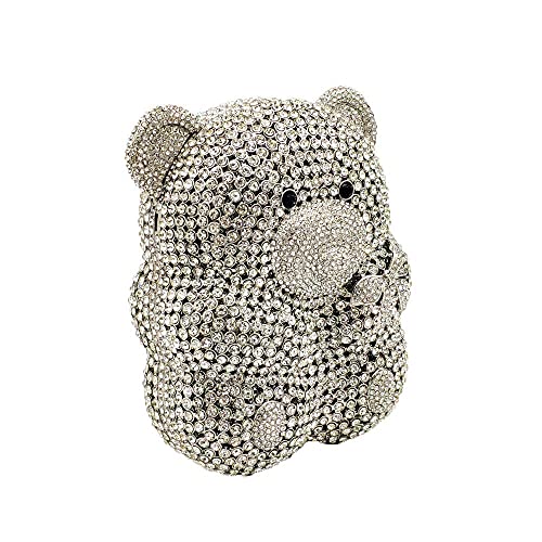 Boutique De FGG Bear Evening Bags and clutches for Women Formal Crystal Clutch Purse Party Animal Rhinestone Handbags,Mini,Silver