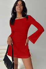 Load image into Gallery viewer, GOBLES Women's Sexy Long Flare Sleeve Boat Neck A-line Mini Cocktail Party Dress Red
