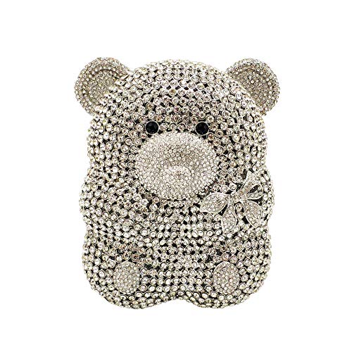 Boutique De FGG Bear Evening Bags and clutches for Women Formal Crystal Clutch Purse Party Animal Rhinestone Handbags,Mini,Silver