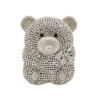 Boutique De FGG Bear Evening Bags and clutches for Women Formal Crystal Clutch Purse Party Animal Rhinestone Handbags,Mini,Silver