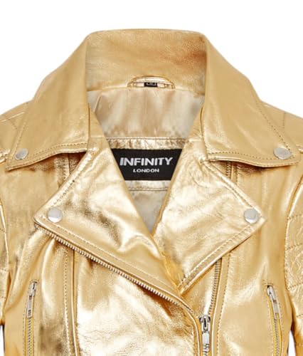 Ladies Cropped Short Body Gothic Top Gold Chic Biker Real Leather Jacket