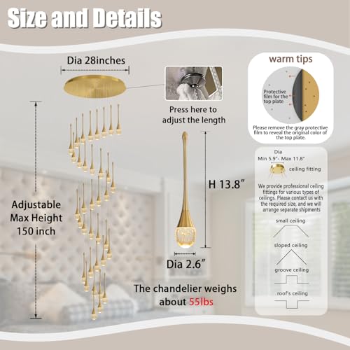 ykolupty H150 Spiral Chandelier Lighting Modern Gold Chandelier Light Fixture for Foyer Hallway Crystal Chandeliers for High Ceilings Suitable for Sloping Ceiling 2700-6000k Dimmable