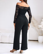 Load image into Gallery viewer, Women Off Shoulder Long Sleeve Black Jumpsuit Floral Embroidery Lace Overalls Casual Wide Leg Rompers with Belt Black-L
