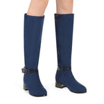 Load image into Gallery viewer, ANN CREEK Women's 'Orizea' Low Block Heel Beehive Patterned Straps Faux Suede Boots, Chunky Heel Zip Riding Knee High Almond Toe Tall Pointed Toe Buckle Long Boots Navy - 7
