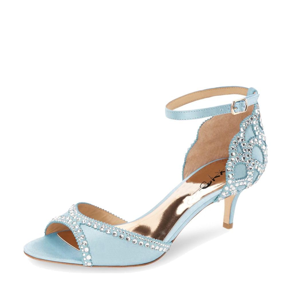 XYD Women's Sandals, Chic Peep Toe, D'Orsay Kitten Low Heels, Rhinestone Studs, Ankle Strap Satin Shoes for Wedding Ballroom (Size 8, Sky Blue)