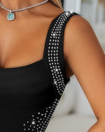 Load image into Gallery viewer, Womens Sexy Elegant Rhinestone Square Neck Sleeveless Bodycon Midi Dress Cocktail Party Club Night Out Dress Black-M
