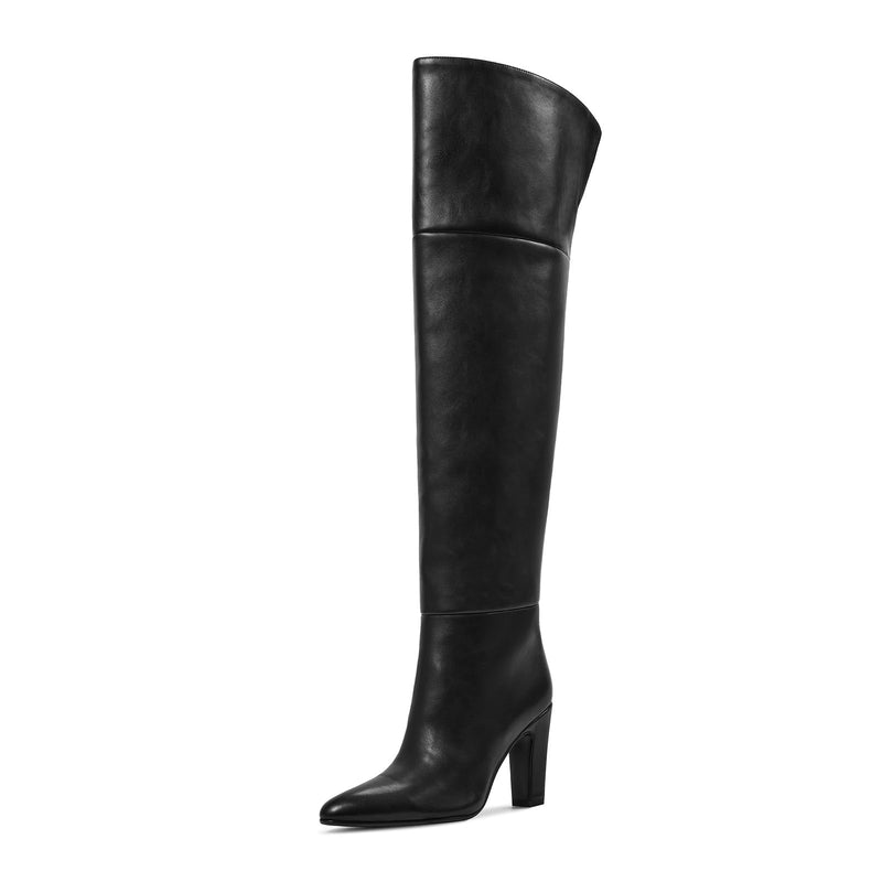 wetkiss Black Thigh High Over the Knee Long Tall Womens High Heeled Boot Pointed Toe Chunky Block Heel Leather Boots Fall Winter