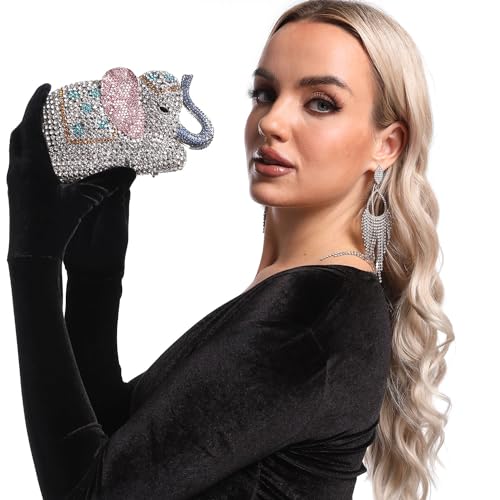 Boutique De FGG Elephant Crystal Clutch Bags Women Animal Rhinestone Evening Handbags Bridal Party Crystal Clutch Purse,Mini,Multi-White