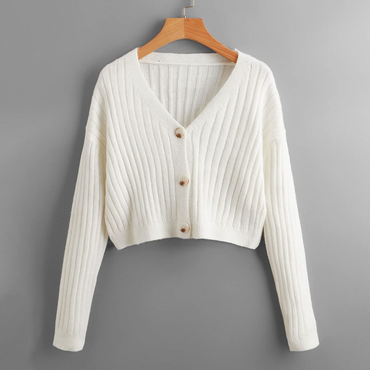 SweatyRocks Women's Long Sleeve Button Front V Neck Soft Knit Cardigan Sweaters Solid White S