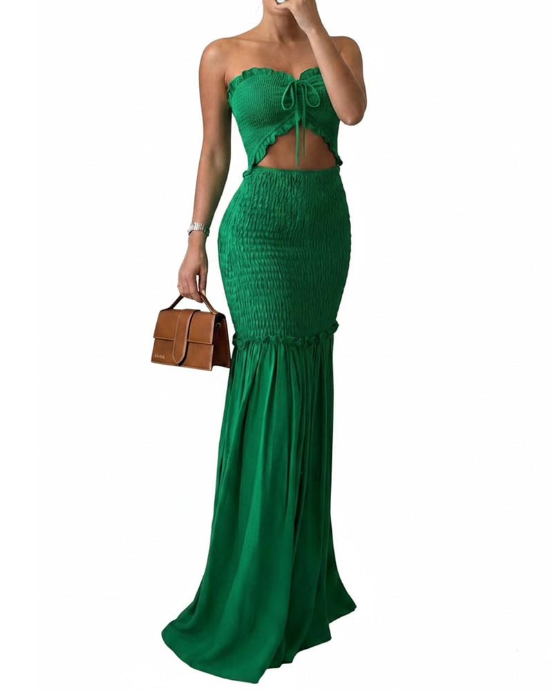 CHICME Floral Printed Prom Dress Tie Ruched Shirred Bandeau Party Dress Slim Fit Ruffle Hem Vacation Dresses Solid Green-M