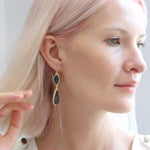 Load image into Gallery viewer, Black and Gold Tone Earrings for Women - Simulated Druzy Drop Dangles - Long Double Teardrop Dangly Earrings for Women, Gold Tone - Black Stone
