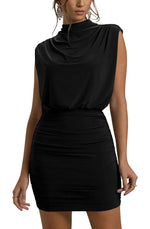 Load image into Gallery viewer, GOBLES Women's Sexy Sleeveless Mock Neck Elastic Waist Mini Cocktail Party Dress Black

