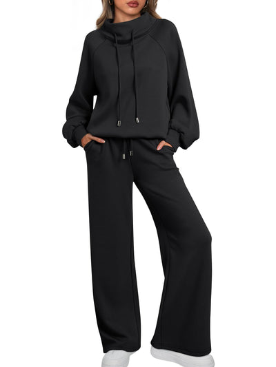 AUTOMET Lounge Sets for Women Sweatsuits 2 Piece Outfits 2025 Fall Drawstring Sweatshirt Wide Leg Sweatpants Tracksuit Black XS