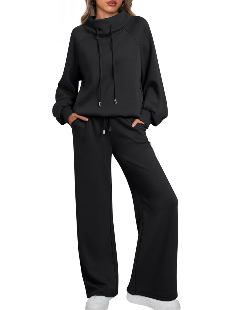 AUTOMET Lounge Sets for Women Sweatsuits 2 Piece Outfits 2025 Fall Drawstring Sweatshirt Wide Leg Sweatpants Tracksuit Black XS
