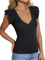 Load image into Gallery viewer, Women's Deep V Neck Ruffle Sleeve Shirts Summer Ribbed Knit Slim Fitted Tops Casual Tight Tshirt 2025 Trendy Clothes Black,M
