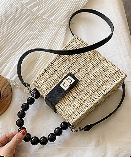QZUnique Straw Bucket Bags for Women Top Handle Drawstring Woven Handbag Shoulder Bag Summer Beach Purses with Bamboo Handle