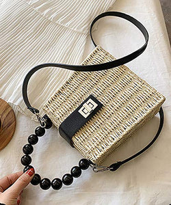 QZUnique Straw Bucket Bags for Women Top Handle Drawstring Woven Handbag Shoulder Bag Summer Beach Purses with Bamboo Handle