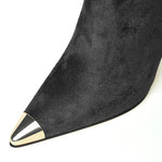 Load image into Gallery viewer, XINIUNIU Black Boots for Women Ankle Booties Kitten Stiletto Heels Metal Pointed Toe Suede Side Zipper 3.5 Inch Dressy Short Boot Size 8
