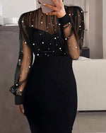 Load image into Gallery viewer, CHICME Sexy Black Dress for Women Mock Neck Bodycon Midi Dress Long Sleeve Sheer Dresses Beaded Night Club Party Dresses Black-XL
