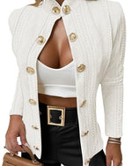 Load image into Gallery viewer, CHICME Women Argyle Cable Cardigan Casual Lightweight Cropped Coat Stand Collar Long Sleeve Metal Button Front Fall Jackets (Beige, M)
