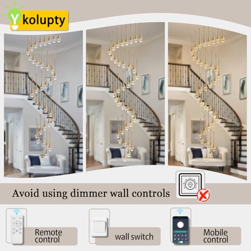 ykolupty H150 Spiral Chandelier Lighting Modern Gold Chandelier Light Fixture for Foyer Hallway Crystal Chandeliers for High Ceilings Suitable for Sloping Ceiling 2700-6000k Dimmable