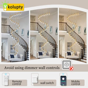 ykolupty H150 Spiral Chandelier Lighting Modern Gold Chandelier Light Fixture for Foyer Hallway Crystal Chandeliers for High Ceilings Suitable for Sloping Ceiling 2700-6000k Dimmable