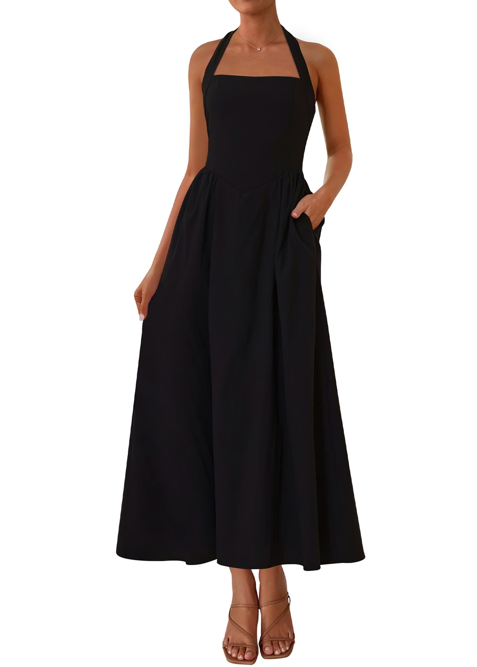 KIRUNDO Women Summer Sleeveless Halter Maxi Dress Sundress 2025 Casual Flowy Wedding Guest Cocktail Beach Vacation Dresses(Black, Medium)