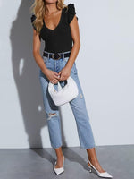 Load image into Gallery viewer, Women's Deep V Neck Ruffle Sleeve Shirts Summer Ribbed Knit Slim Fitted Tops Casual Tight Tshirt 2025 Trendy Clothes Black,M
