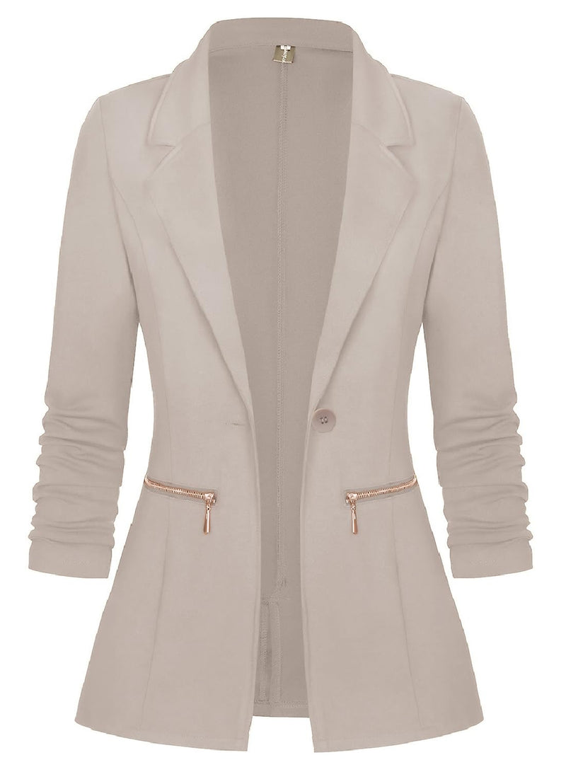Genhoo Women's Blazer Solid Stretch Long Sleeve One Button Work Casual Blazer Jacket Light Khaki Small