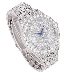 Charles Raymond Mens Watch w/Matching Iced Rolly Hip Hop Bracelet - Big Rhinestones on Trim and Elegant Baguette Time Indicators on Dial - Master Bling Designer - ST10226B (Silver)
