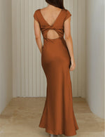 Load image into Gallery viewer, Halfisland Womens Summer Satin V Neck Cap Sleeve Backless Maxi Dress Elegant Twist Cut Out Midi Dresses Wedding Guest Brown
