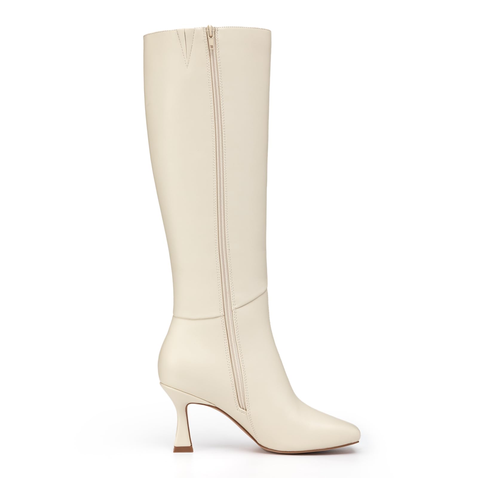 Athlefit Women's Knee High Boots Kitten Heel Square Toe Tall Boots Fashion Dress Stiletto Heeled Beige Long Booties Size 9.5