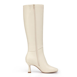 Athlefit Women's Knee High Boots Kitten Heel Square Toe Tall Boots Fashion Dress Stiletto Heeled Beige Long Booties Size 9.5