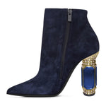 Load image into Gallery viewer, FSJ Women Chic Pointed Toe Crystal Chunky Block High Heel Ankle Boots Glossy Side Zipper Casual Daily Fashion Ladies Shoes Size 7 Dark Blue
