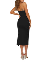 Load image into Gallery viewer, LYANER Women&#39;s Spaghetti Straps Split Slit Hem Sleeveless Zipper Bodycon Midi Dress Solid Black Medium
