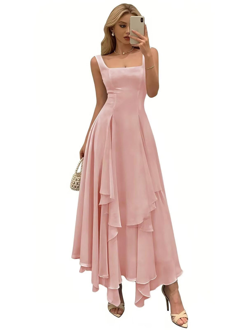 AoeYadtui Elegant Square Neck A-Line Midi Dress Flowy Chiffon Formal Evening Dress for Wedding Guest Bridesmaid Party Pink