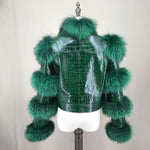 Load image into Gallery viewer, LVCOMEFF Women Sheep Leather Cropped Jacket Bolero Top Coat Motorcycle Jacket With Fox Fur Layer Long Sleeve Python Pattern (US, Alpha, X-Small, Regular, Regular, green 2)
