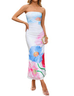Load image into Gallery viewer, ZESICA Womens Boho Floral Strapless Maxi Dress 2025 Summer Off Shoulder Bodycon Beach Party Long Dresses, Sky, Medium
