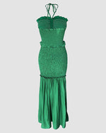 Load image into Gallery viewer, CHICME Floral Printed Prom Dress Tie Ruched Shirred Bandeau Party Dress Slim Fit Ruffle Hem Vacation Dresses Solid Green-M
