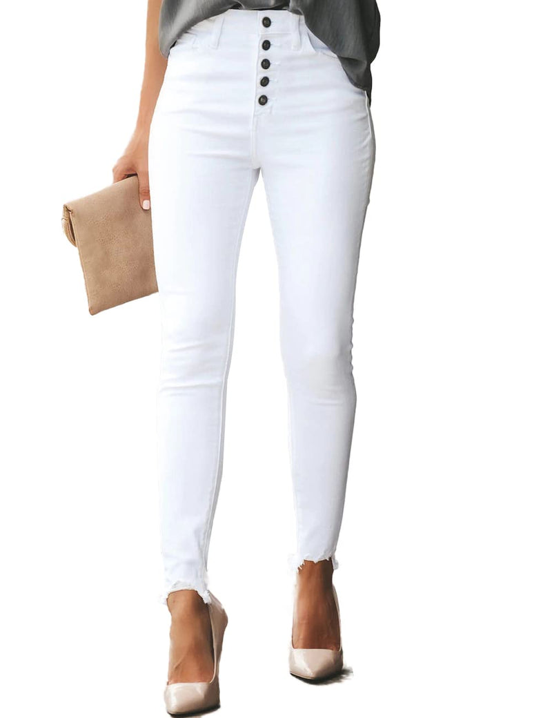 Allimy Women High Rise Stretch Jeans High Waist Ripped Distressed Ankle Skinny White Size 8