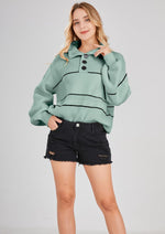 Load image into Gallery viewer, chouyatou Women's Slouchy Waffle Knit Sweater 1/2 Button Polo Collared Pullover Striped Sweater Tops (Small, Green)
