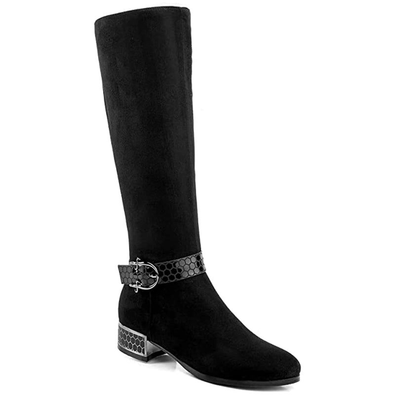 ANN CREEK Women's 'Orizea' Low Block Heel Beehive Patterned Straps Faux Suede Boots, Chunky Heel Zip Riding Knee High Almond Toe Tall Pointed Toe Buckle Long Boots Black - 7
