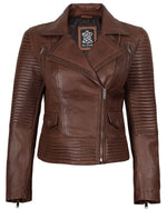 Load image into Gallery viewer, Blingsoul Asymmetrical Leather Jacket Women - Real Lambskin Brown Leather Jacket Women | [1313634] Geneva Brown, L
