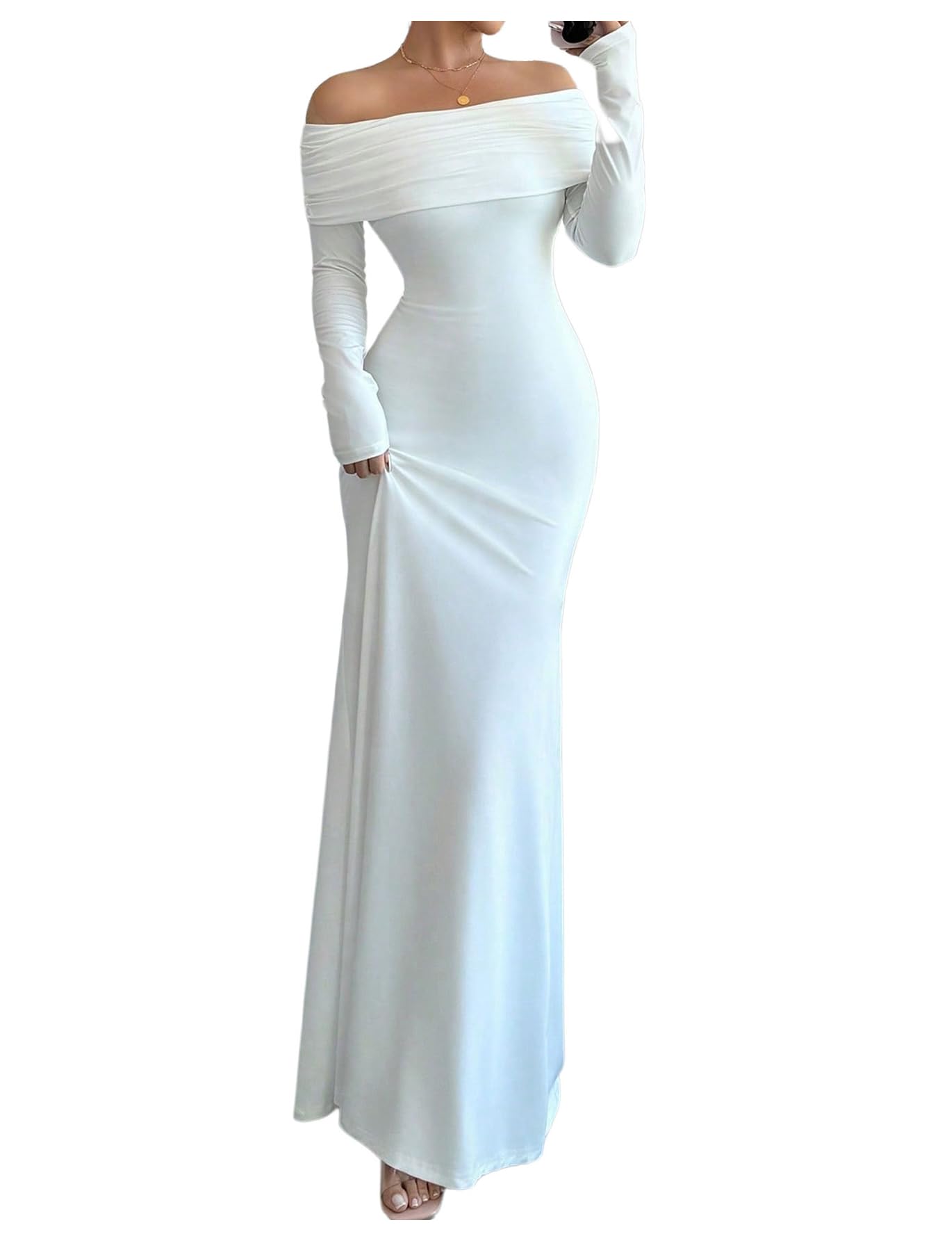 SOLY HUX Women's Long Sleeve Off The Shoulder Bodycon Dress Elegant Maxi Dress Cocktail Prom Dresses Pure White Large