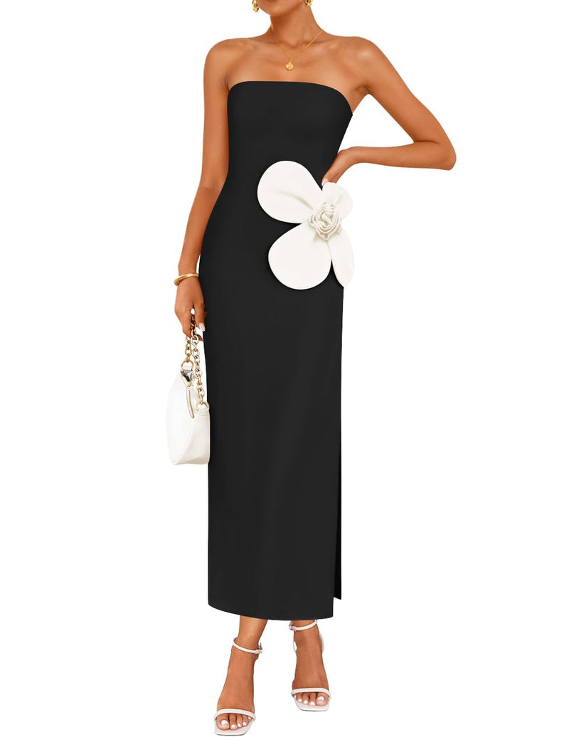 ZESICA Women's Summer Strapless Bodycon Maxi Dress 2026 Ribbed Knit Backless Floral Tube Cocktail Party Long Dresses,Black,Medium