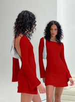 Load image into Gallery viewer, GOBLES Women's Sexy Long Flare Sleeve Boat Neck A-line Mini Cocktail Party Dress Red
